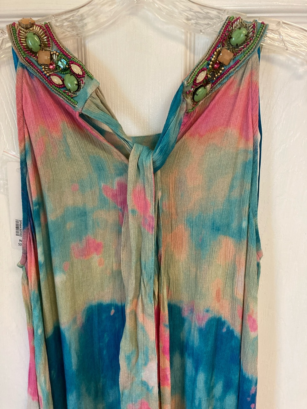 Soft Surroundings Pink, Teal & Cream Beaded Tie-Dye Maxi Verona Dress - Picture 10 of 15